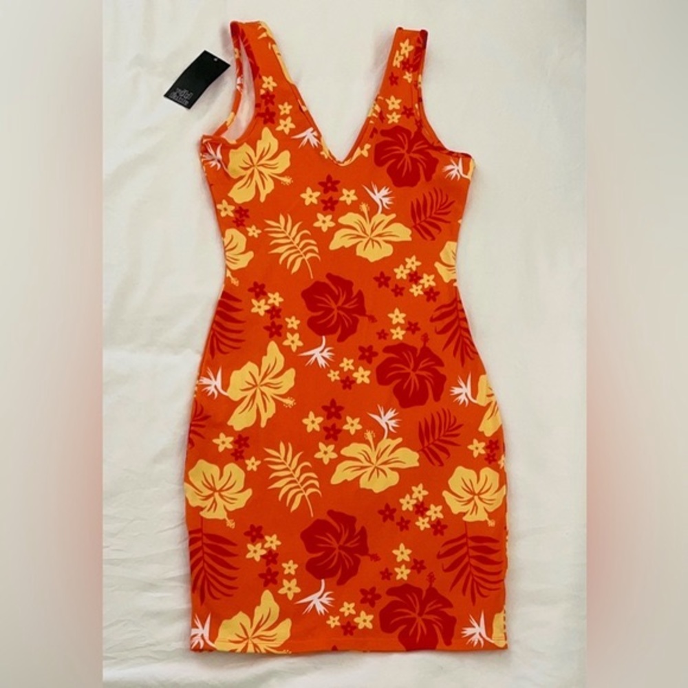 Orange floral patterned bodycon dress size small